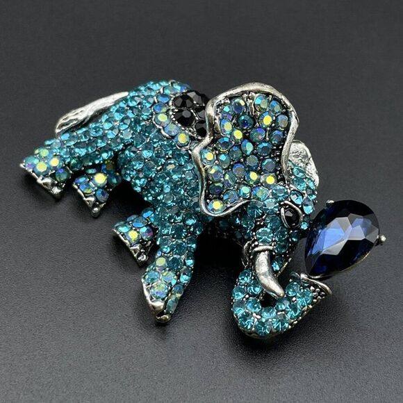 Silver with Blue Sapphire Black Onyx and AB Crystal Elephant Pin Back Brooch - Picture 2 of 10